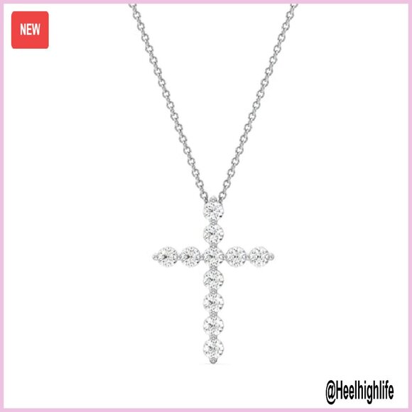 1ct Lab Diamond Cross Pendant Necklace, Sterling Silver, 18in Chain - Picture 2 of 8